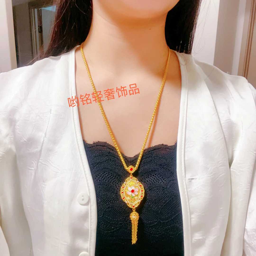 合金项链 螺钿富贵花开流苏吊坠配粗肖邦项链