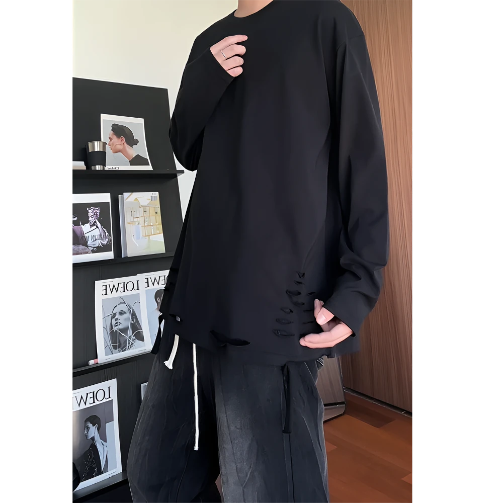 280G重磅破洞长袖T恤男女美式高街内搭打底宽松ins纯棉设计感潮流