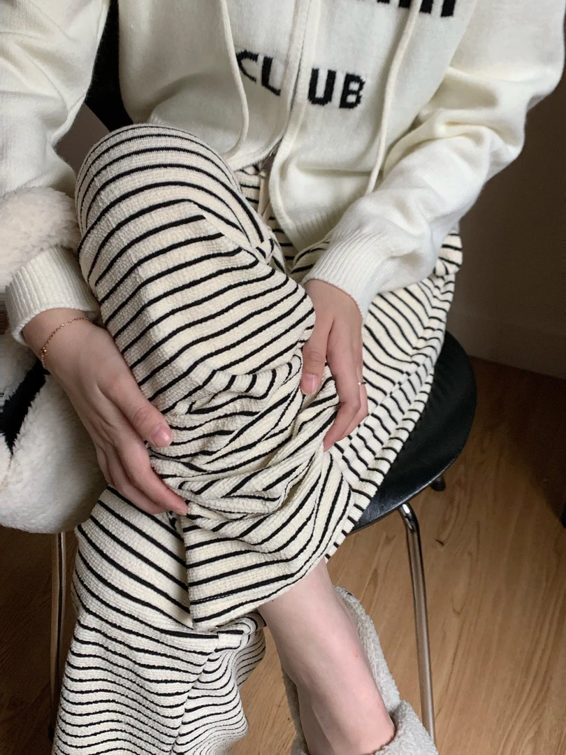 春秋宽松抽绳毛圈百搭显瘦条纹松紧腰直筒拖地阔腿裤休闲长裤女
