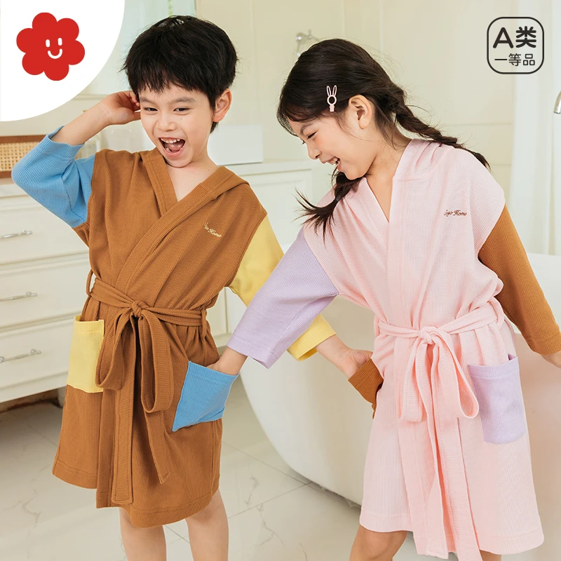 拼色华夫格儿童浴袍春秋款吸水浴巾男女童连帽居家服