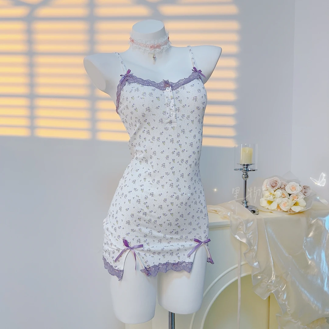 【80-200】碎花吊带睡裙紫色微胖大码女家居服舒适性感纯欲甜美