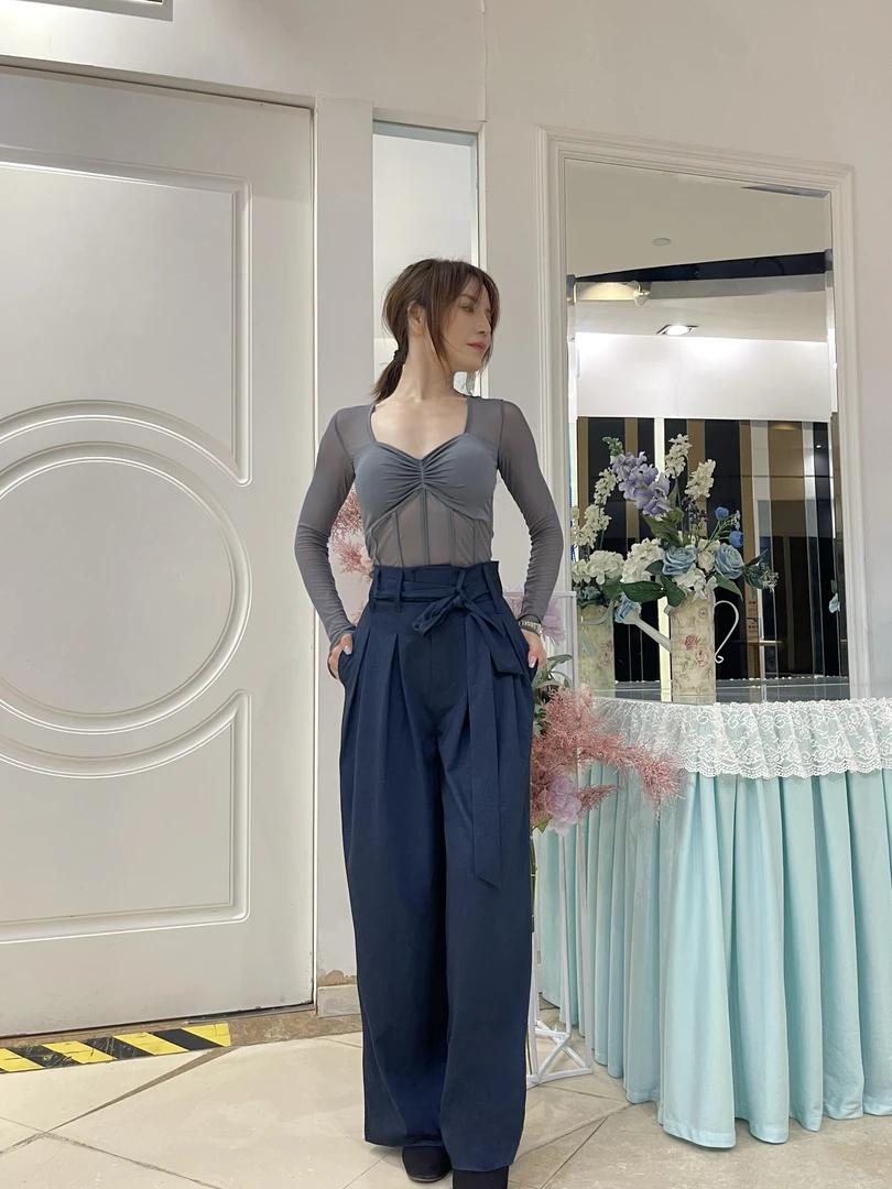 辰艺摩登舞服高级定制 蓝黑腰带款高腰阔腿摩登裤