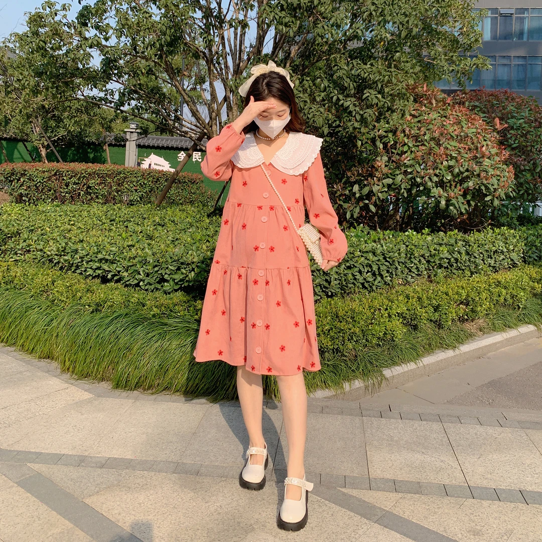现货/AROOM孕妇春蕾丝娃娃翻领碎花宽松甜美连衣裙NZY33-7