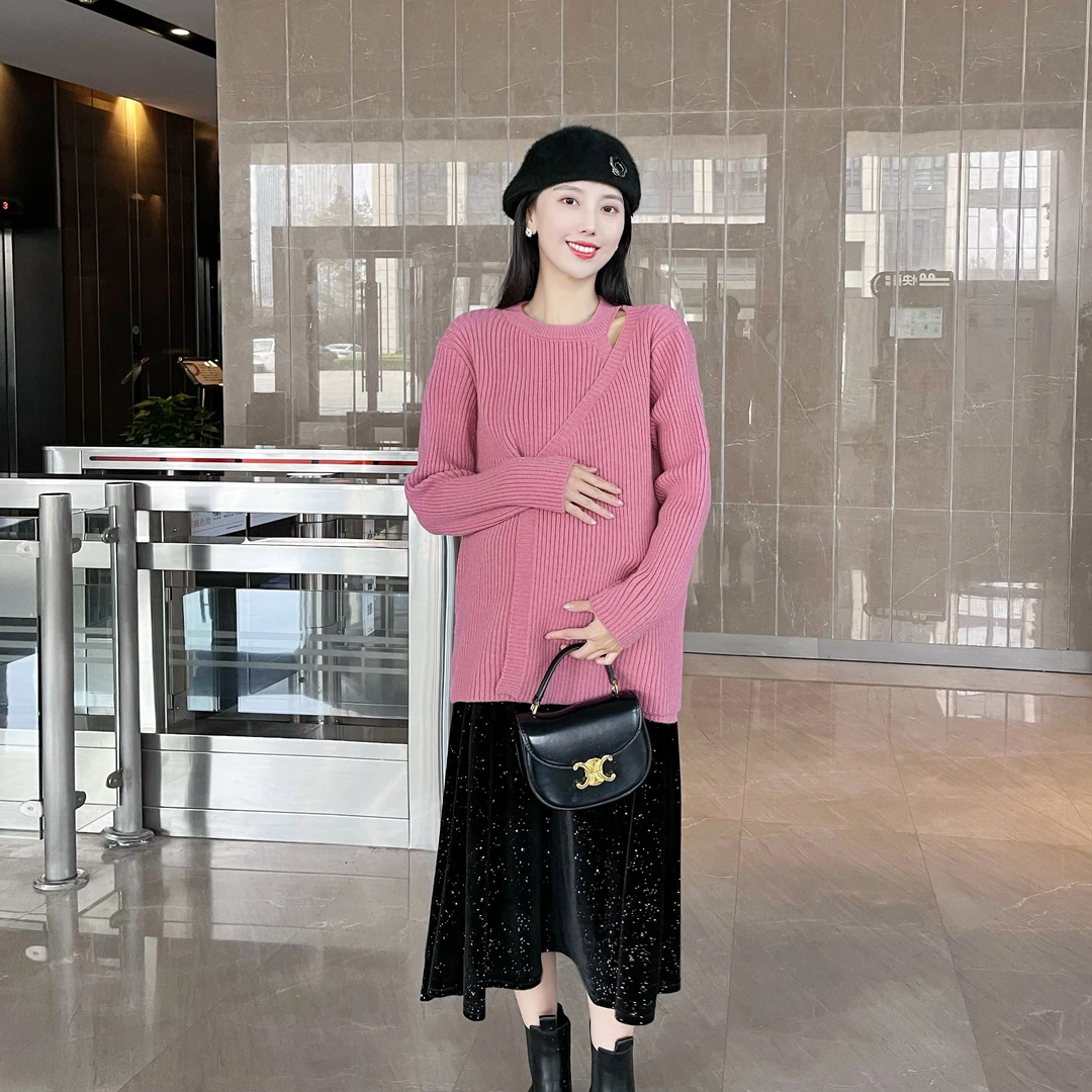 现货/AROOM孕妇装时尚秋冬斜襟孕妇毛衣女宽松显瘦哺乳上衣U23-38