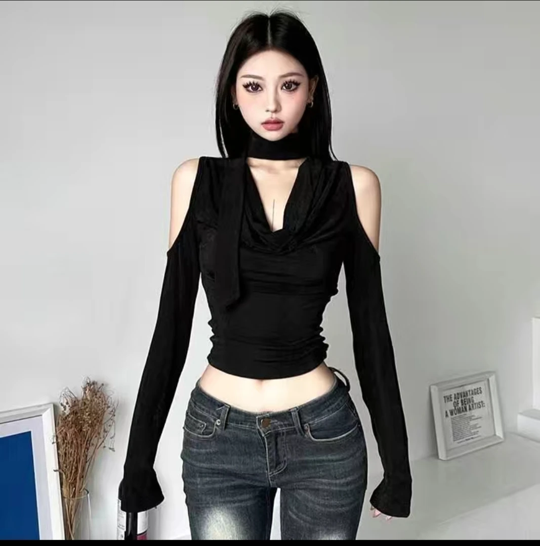 3.扣号直播间集合链接镂空打底衫显瘦露肩长袖T恤上衣