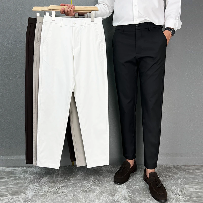 秋季修身小直筒休闲裤男八分九分裤小个子商务抗皱黑色裤子厚款潮