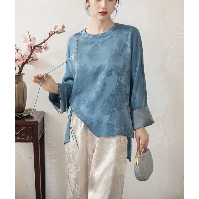 真丝花萝国风松弛感透气桑蚕丝衬衫宽松圆领精致海水珍珠吊坠上衣