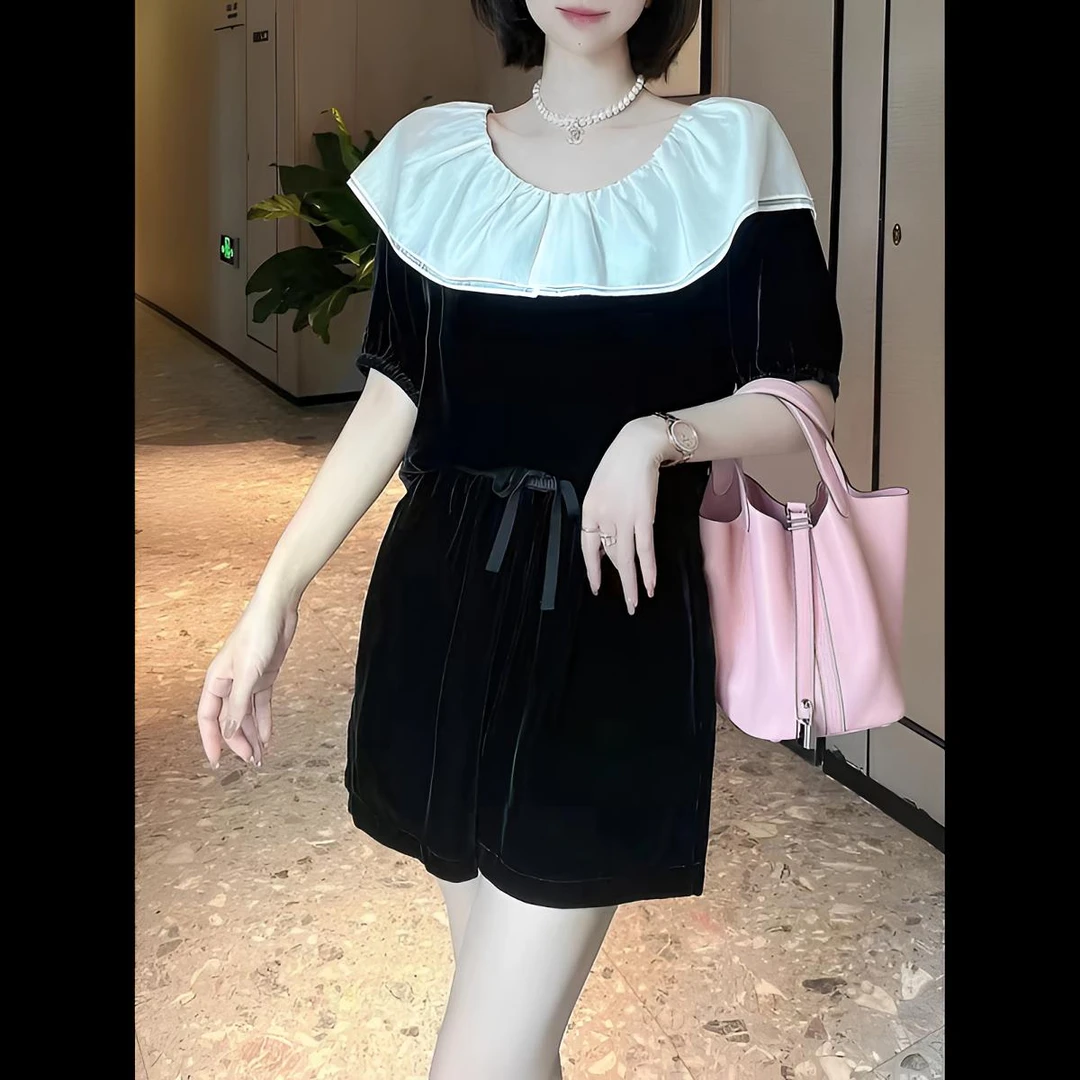 高端真丝丝绒短裤女夏季新款洋气显瘦黑色时尚桑蚕丝短袖上衣套装
