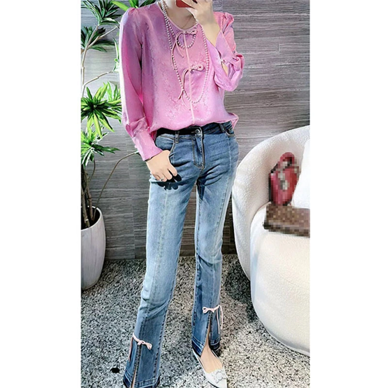 时尚早秋气质弹力修身国风手工盘扣蓝色牛仔裤高腰显瘦微喇叭开叉