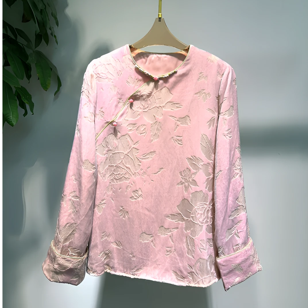 新中式真丝丝绒金丝烧花工艺配里衬舒适百搭精致手工一字盘扣衬衫