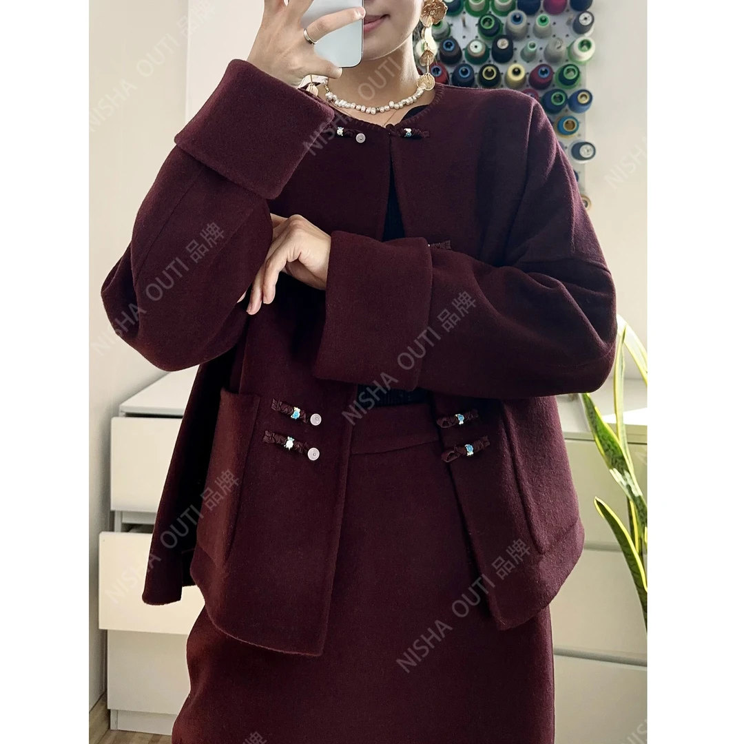 小个子纯羊毛双面呢大衣外套新中式国风手工盘扣气质减龄女上衣