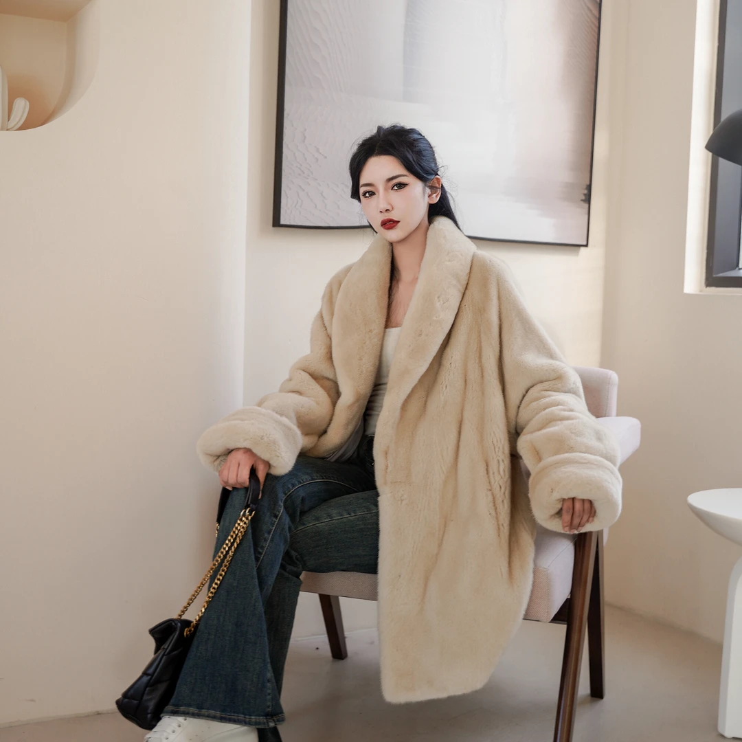 【球球】浴袍款水貂皮草女整貂中长款进口天鹅绒外套女貂皮大衣