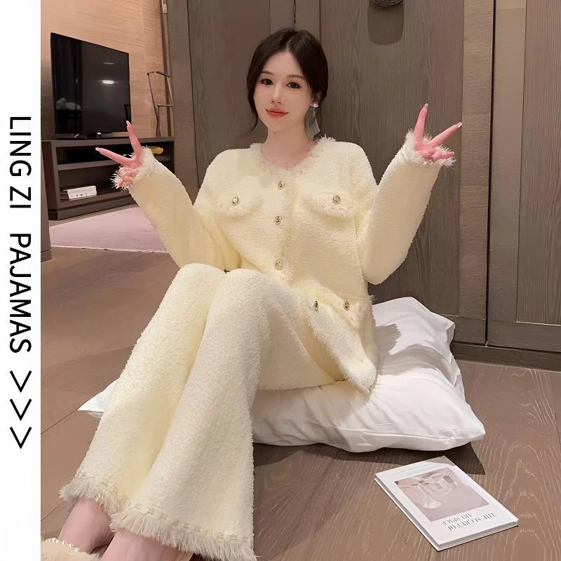 秋冬季睡衣女2024新款轻奢洋气小香风半边绒长袖保暖加厚居家服