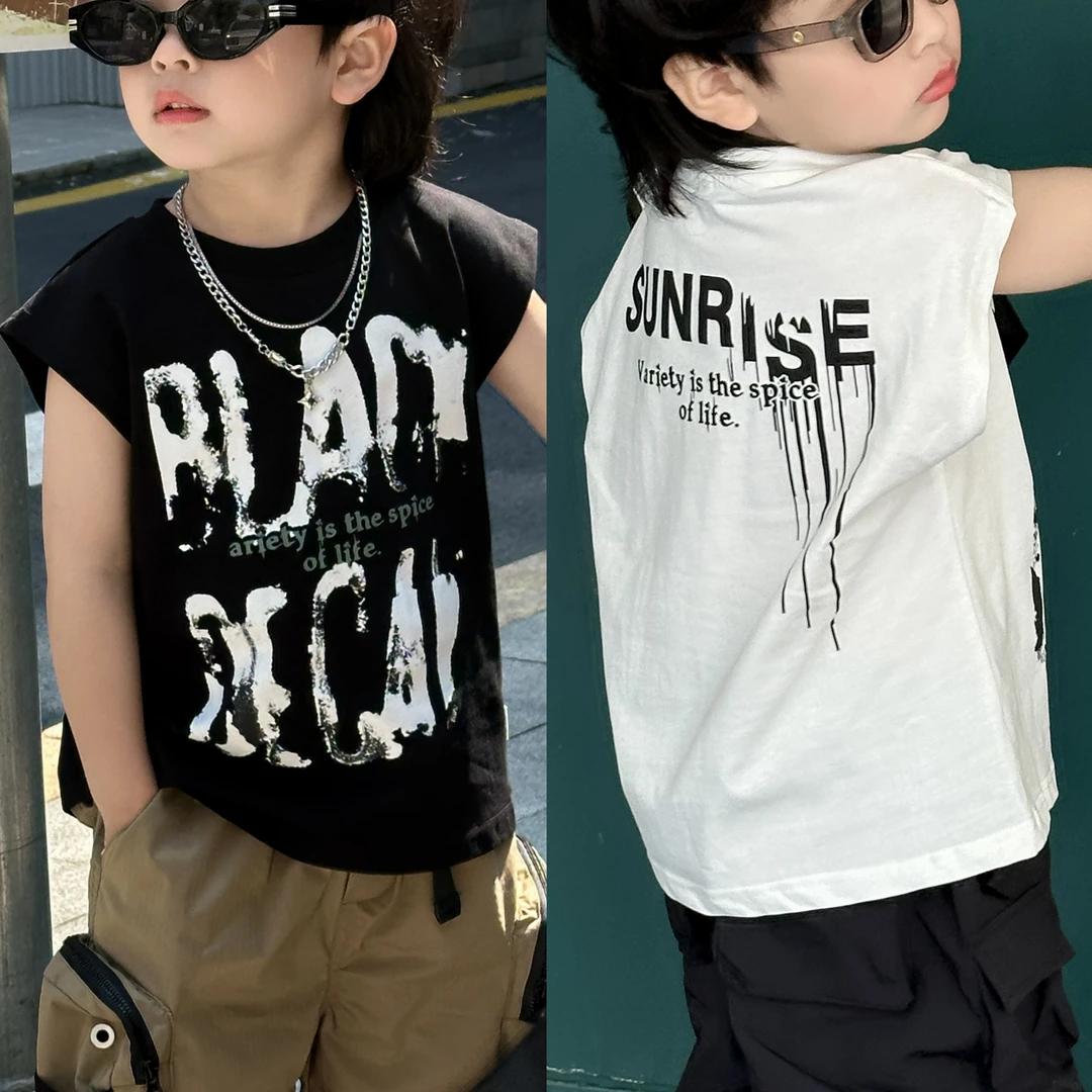 【后街艺术】童装夏季t恤韩版宝宝字母印花无袖背心痞帅宽松短袖潮