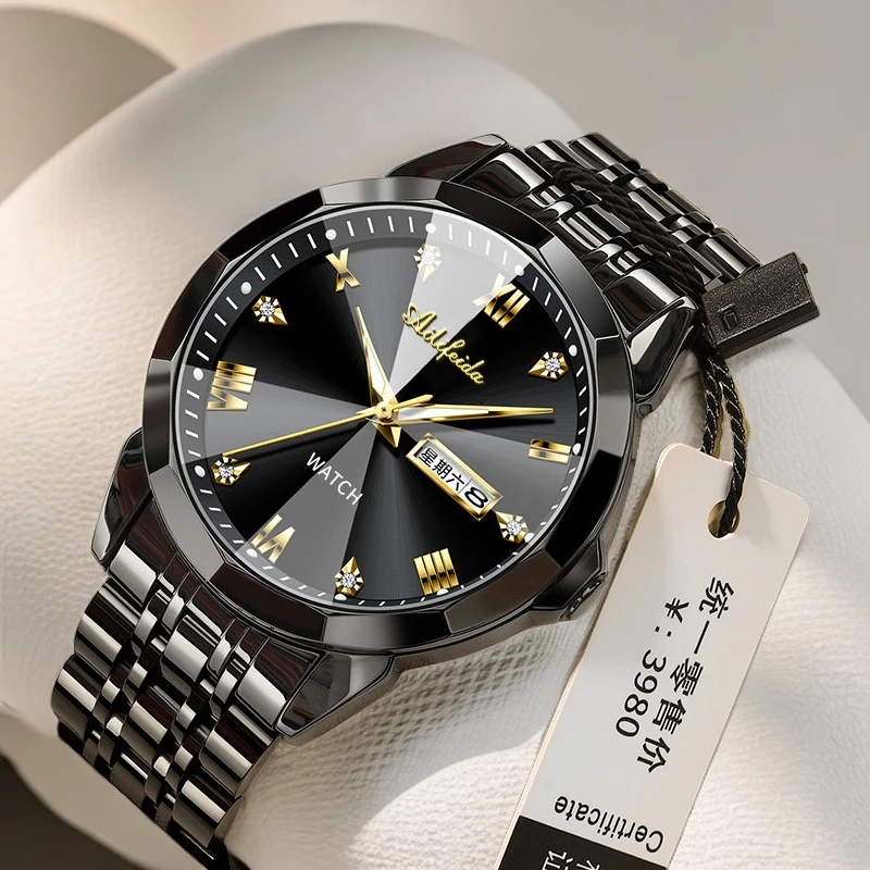 高档全自动石英机芯手表男士气质防水夜光简约经典潮流镶钻时尚表