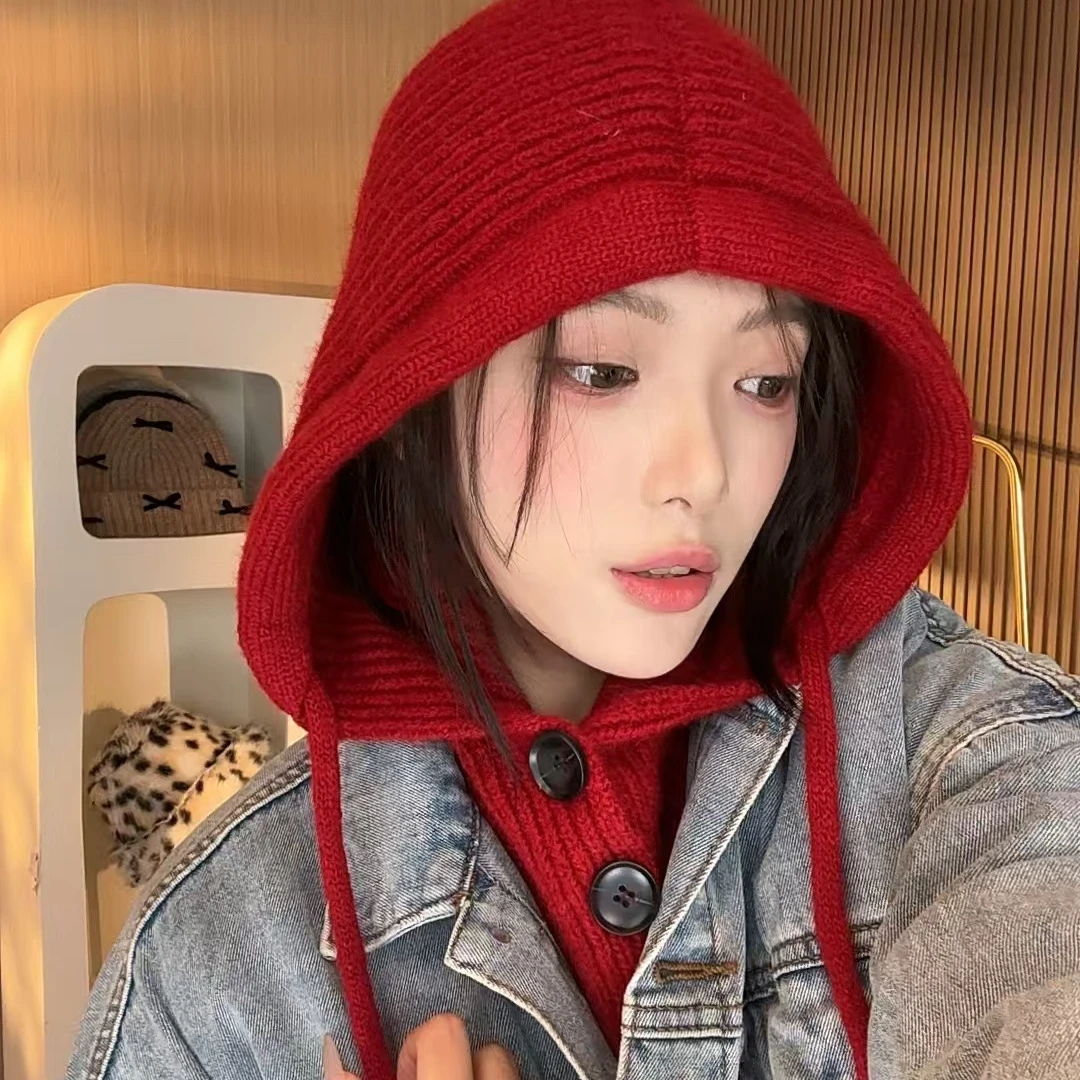 针织克拉克拉法帽带纽扣女秋冬季韩版保暖护耳包头帽