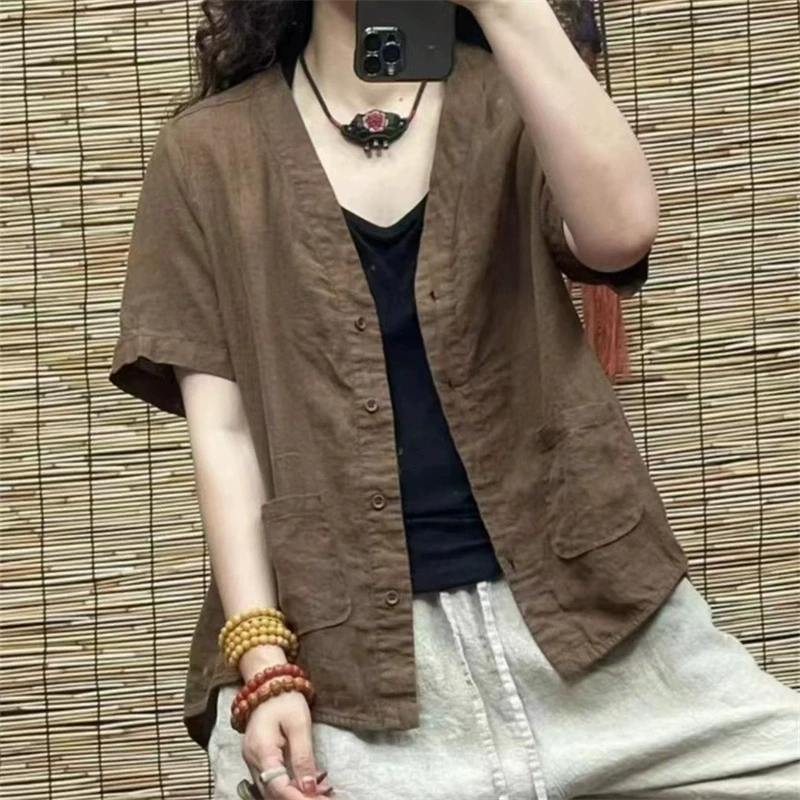 复古亚麻小西装薄外套女夏V领宽松做旧棉麻短袖开衫夏季~夏日穿搭