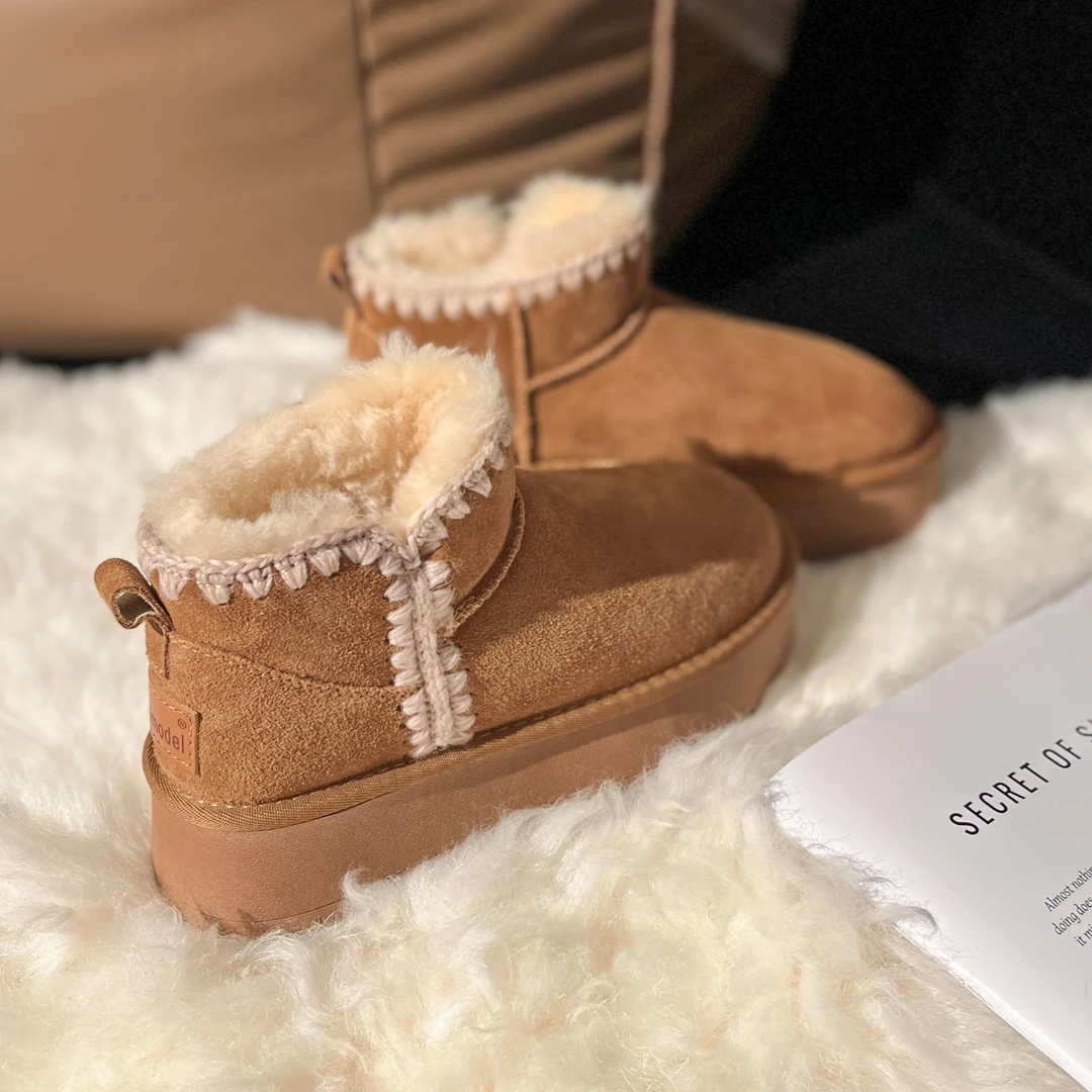 毛线编织保暖防滑厚底奶油面包短筒靴加厚冬季真皮羊毛