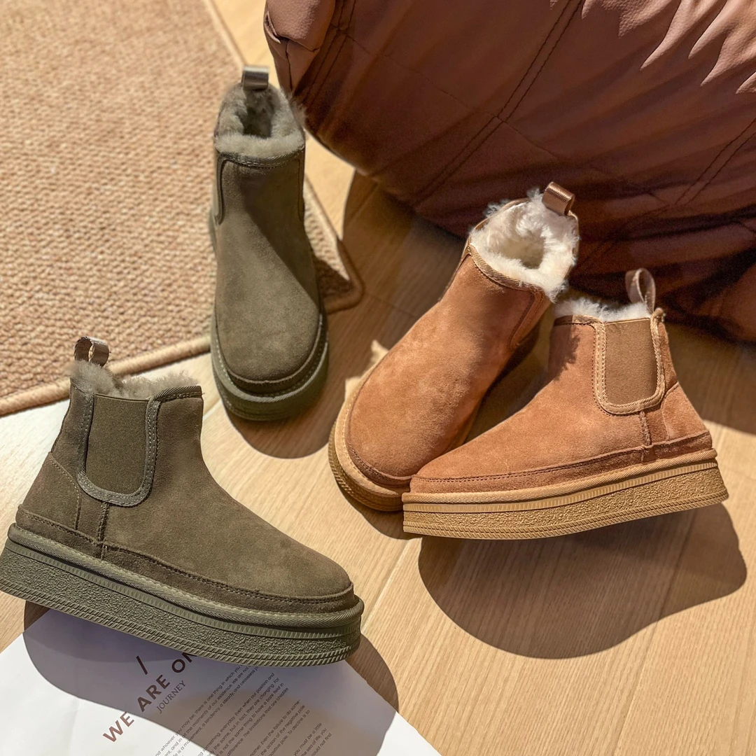 【清货】英伦风厚底雪地靴2024年冬季新款真皮女羊毛棉鞋加厚加绒