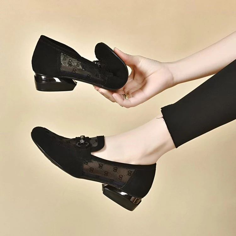 绒面网纱低跟单鞋女2024新款夏秋季镂空女鞋软底豆豆鞋透气乐福鞋