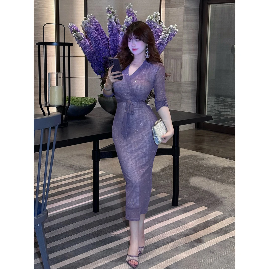 MengFairy【暮色鎏金】轻奢气质显瘦纹理收腰细闪性感连衣裙4007M