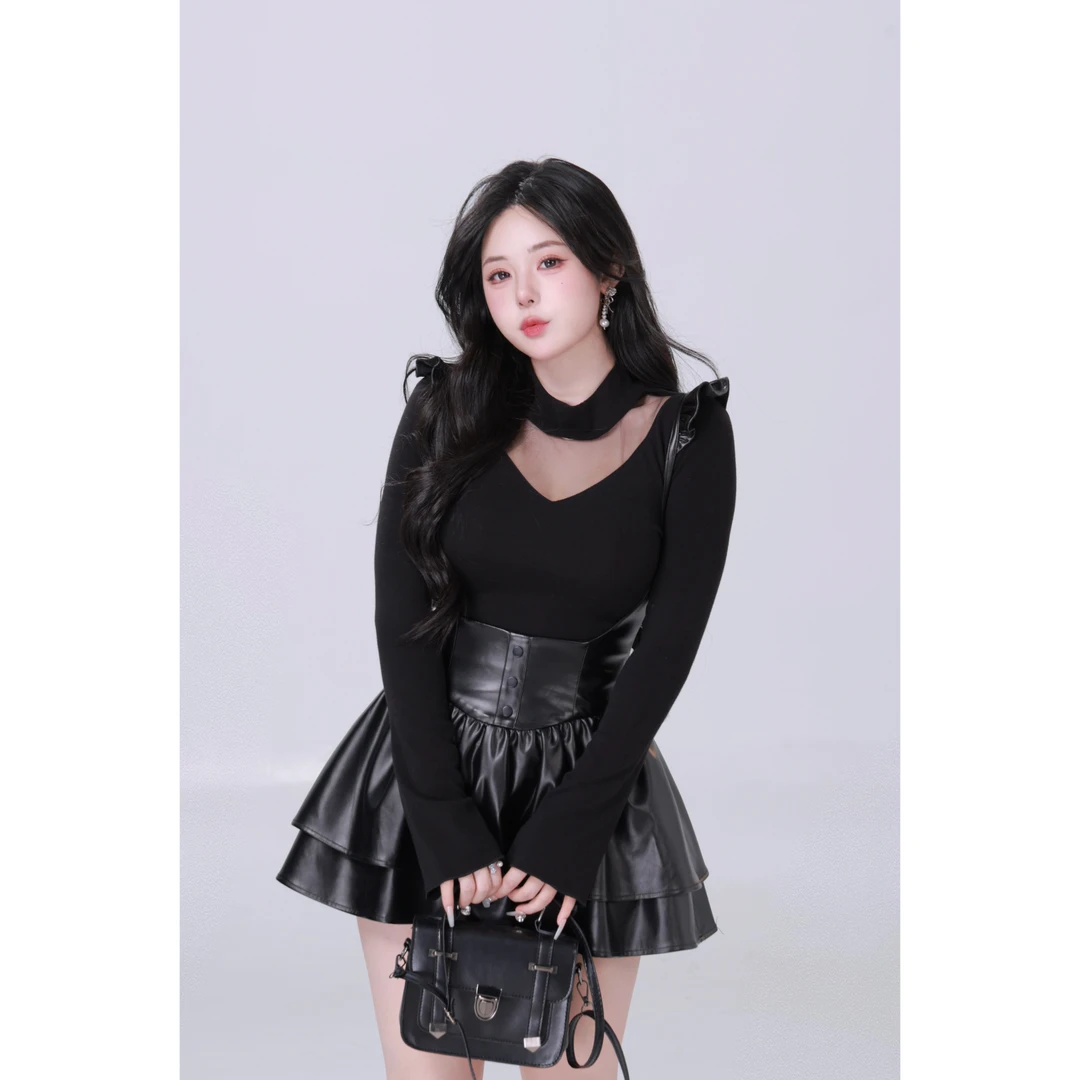 MengFairy【限定好身材】小众设计感气质高腰背带裙皮裙3861M雅丹