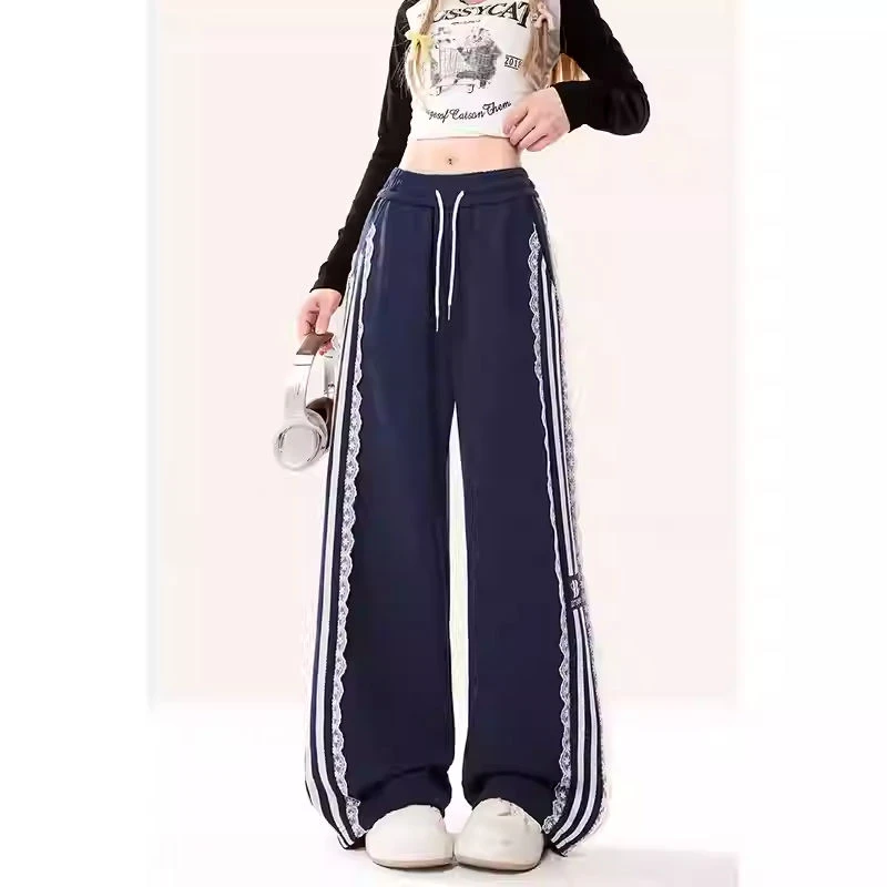 条纹卫裤女春秋款直筒休闲宽松阔腿运动长裤子
