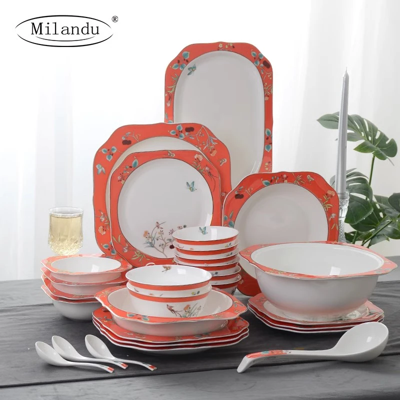Milandu/米兰度美人瓷系列中式骨瓷情侣餐具套装碗盘家用送礼餐具