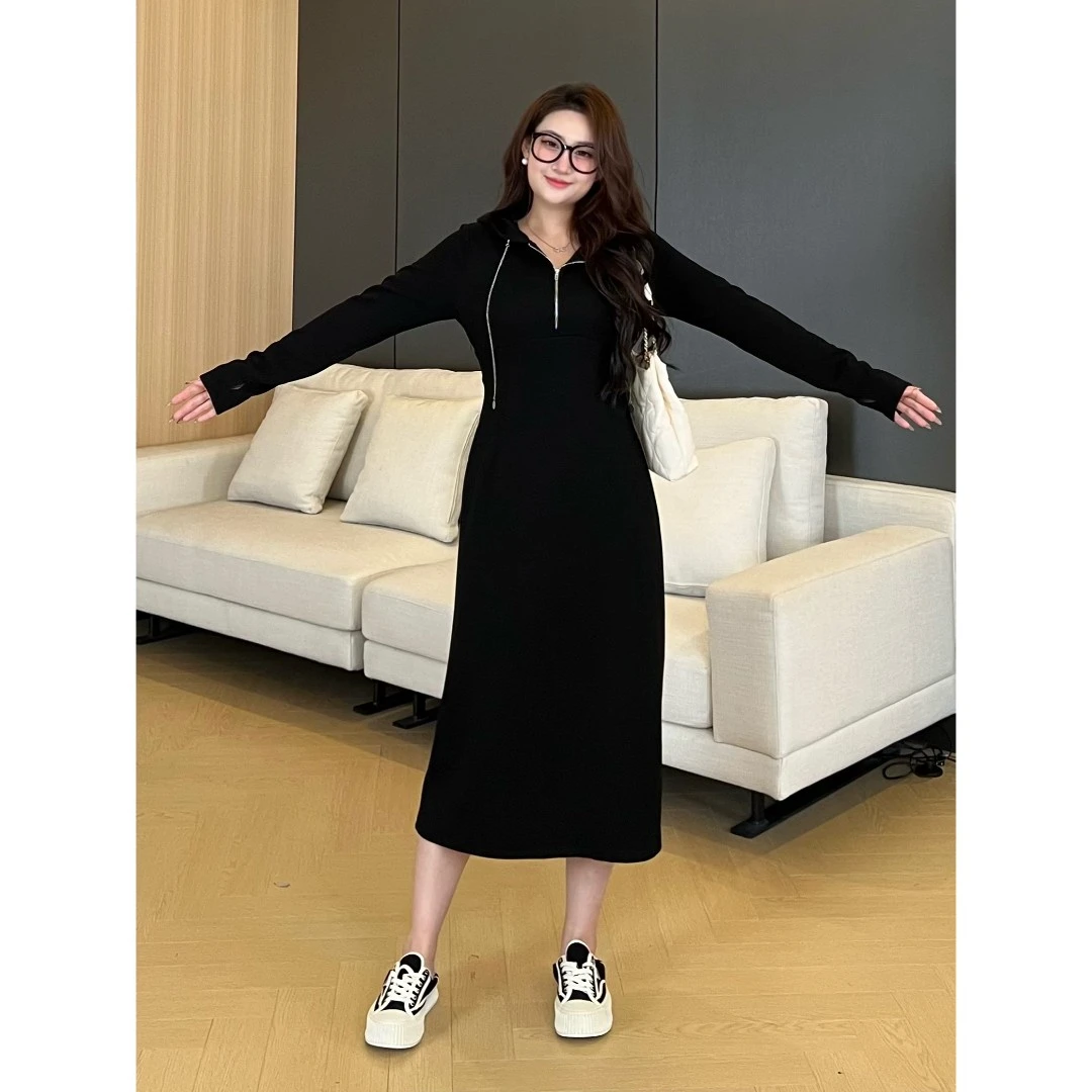 橙子微胖定制~【海岸线】秋季收腰显瘦休闲舒适华夫格连帽裙LHC1481