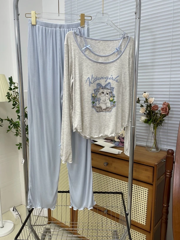 （新款）甜美纯欲风带胸垫睡衣女长袖假两件猫咪可爱家居服可外穿