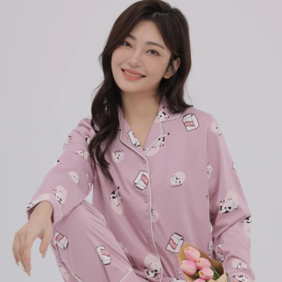玉康2025春夏长袖丝光冰爽棉 睡衣套装翻领长袖卡通印花舒适家居
