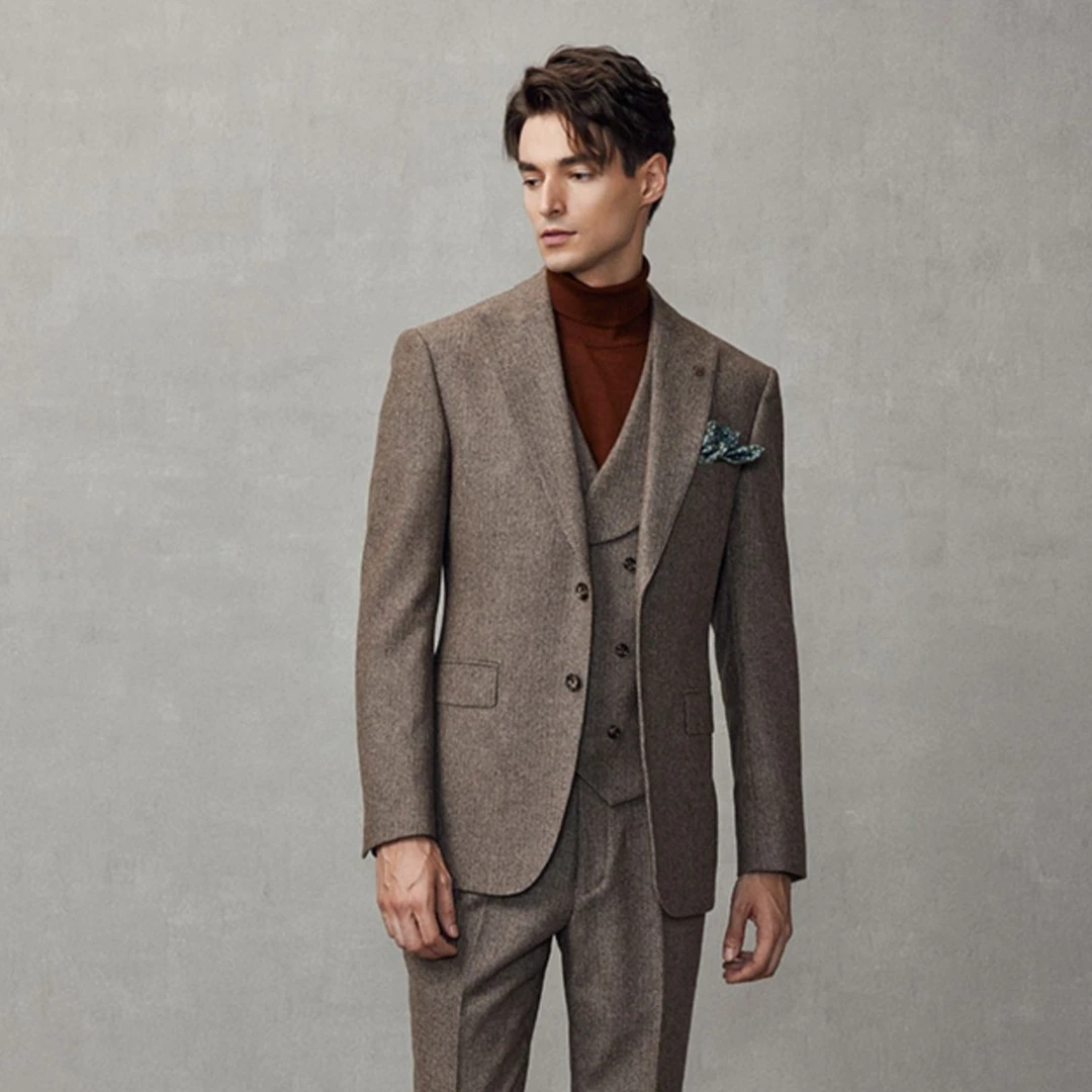 棕色厚款人字纹混纺西装西服商务男士休闲修身排扣秋冬时尚韩版男