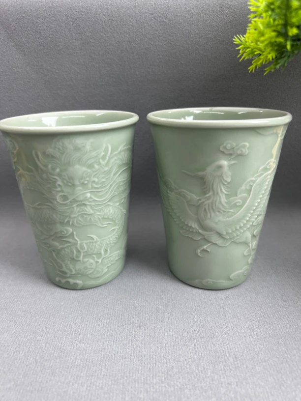 原矿豆绿釉全手工龙凤可乐杯（省工老师稀奎奎）