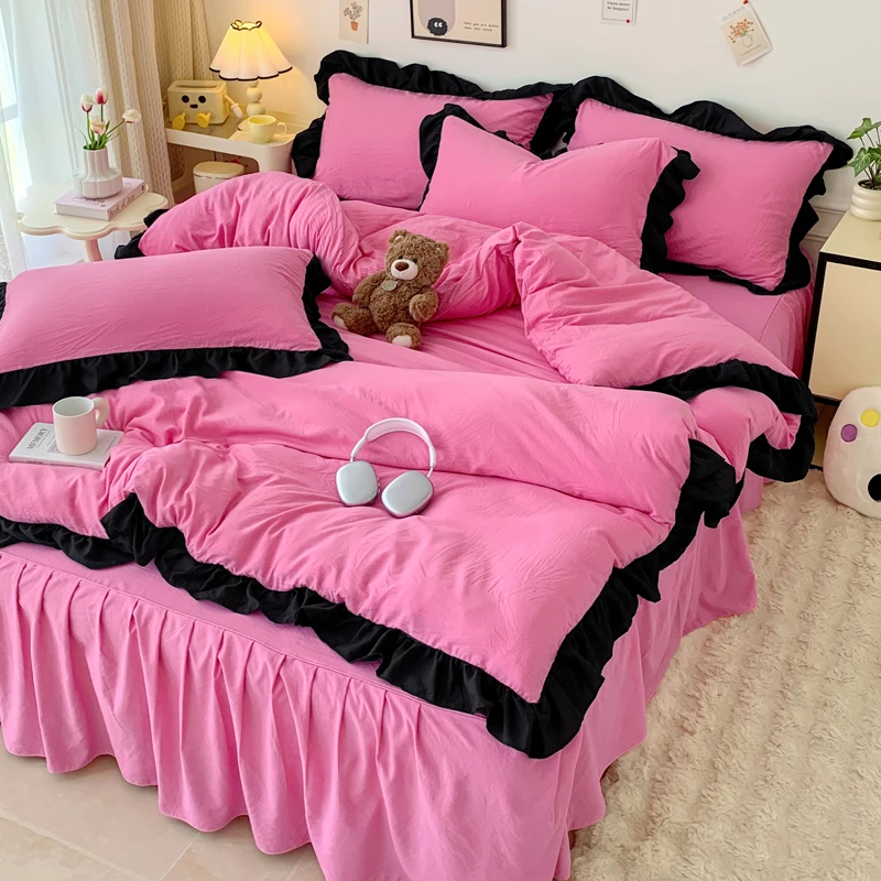 法式荷叶水洗棉四件套床裙款网红公主风花边被套床单少女心三件套