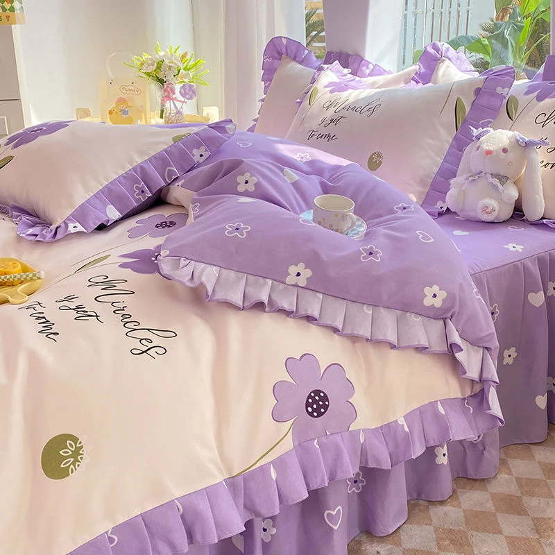 仙女紫床裙款被套四件套四季床上用品亲肤棉磨毛床单公主风三件套