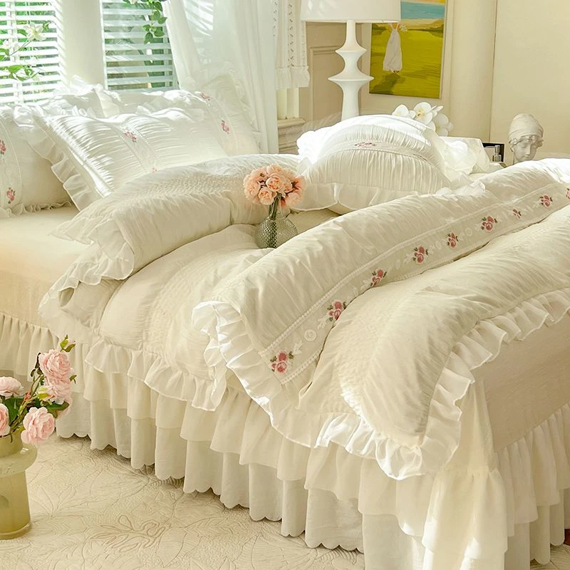 公主风夏季奶白色泡泡纱夏凉被可机洗双人床裙花边空调被裸睡薄被