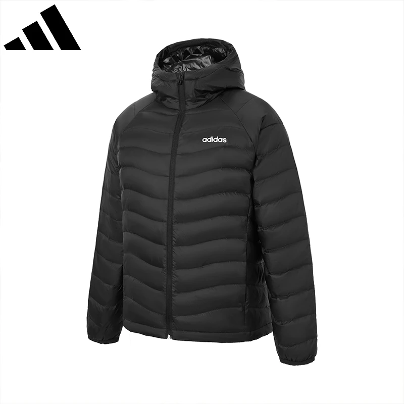 Adidas阿迪达斯冬季新品超轻羽绒服黑色小logo保暖防风棉羽长款
