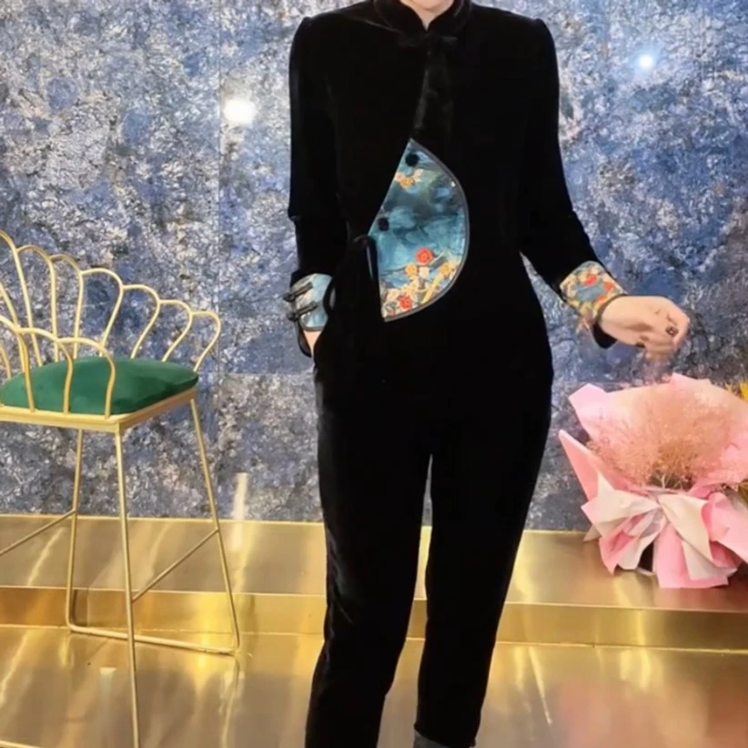 66139新款拼接丝绒上衣➕裤子套装