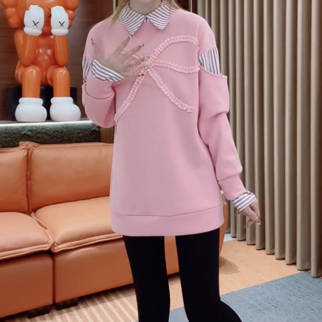 秋冬新款加绒衬衫领中长款卫衣洋气百搭时尚