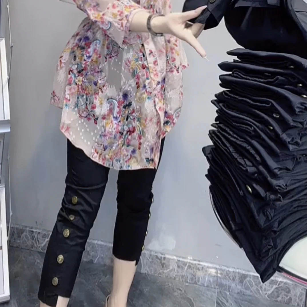 新款时尚百搭5扣修身打底裤