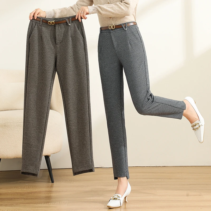 格纹烟管裤小直筒秋季新款遮肉显瘦宽松毛呢裤千鸟格哈伦裤女