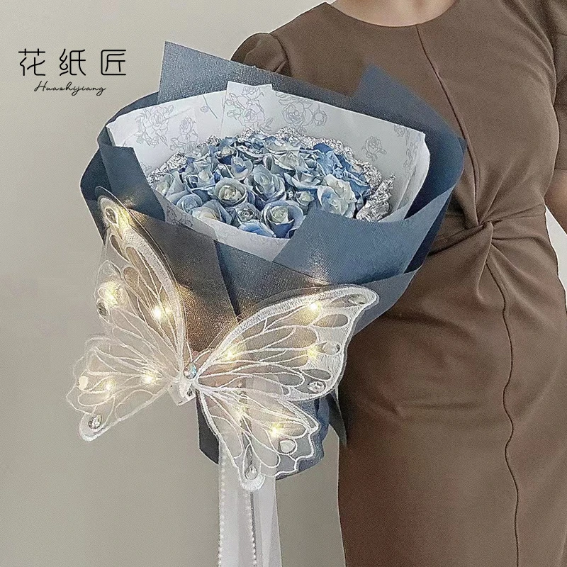 花纸匠 520情人节新品PVC刺绣蕾丝发光立体蝴蝶创意鲜花花束配饰