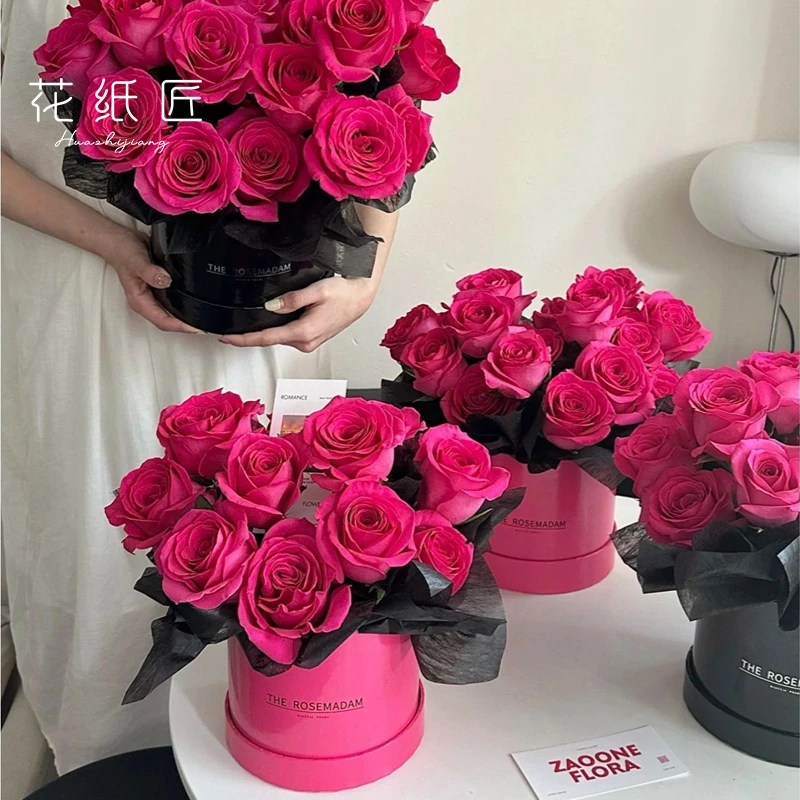 花纸匠 亮面玫红色套二圆形抱抱桶鲜花插花花束包装空盒圆筒花盒