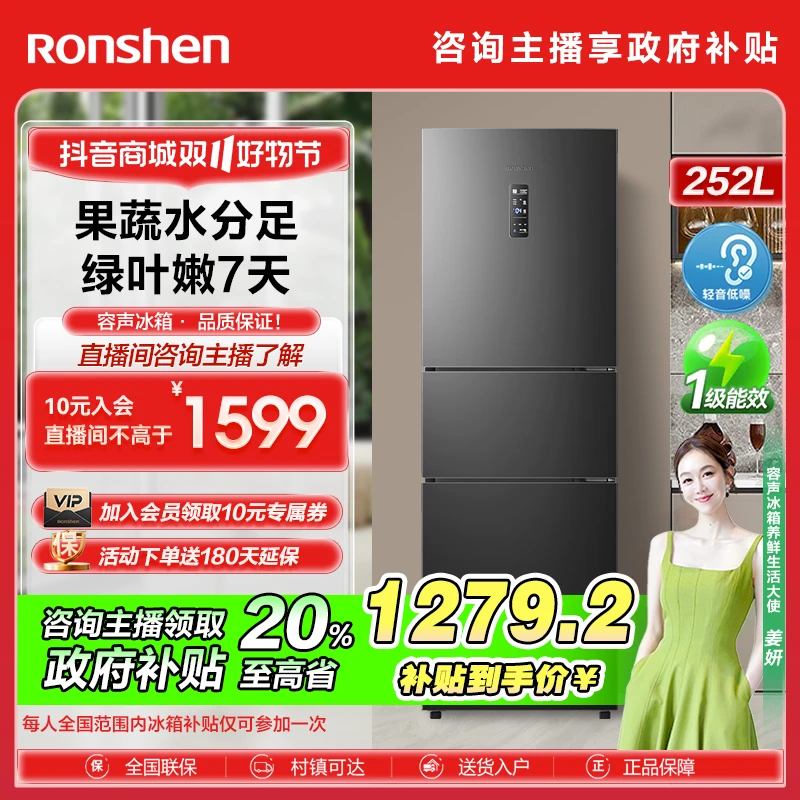 【政府补贴20%】容声BCD-252WD18NP一级变频风冷无霜买冰箱