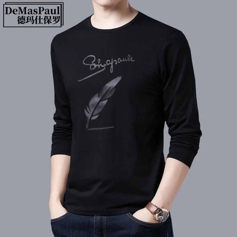 正品保罗长袖T恤男棉质圆领春秋潮流宽松印花圆领打底衫t恤上衣