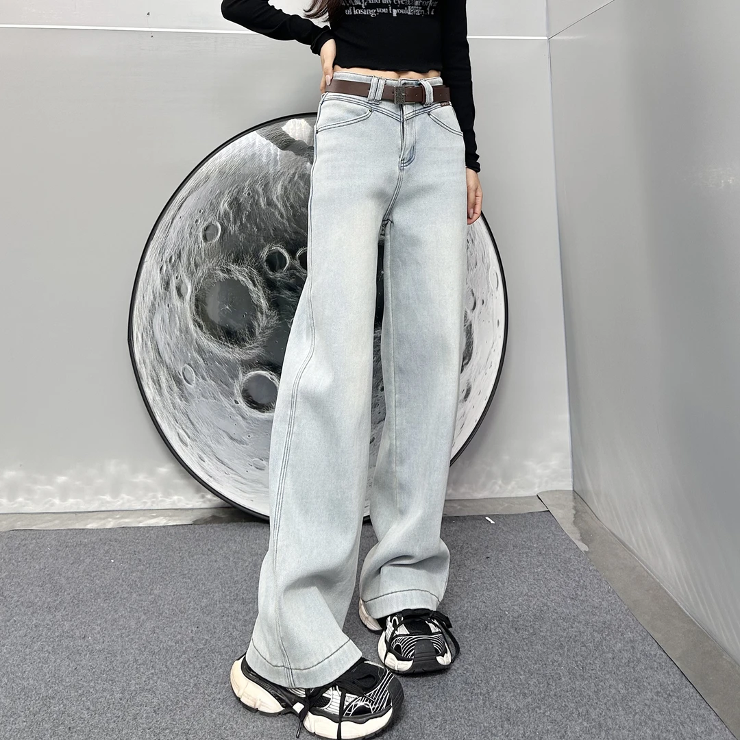 加绒】弹力直筒牛仔裤女2024冬季新款加绒阔腿裤休闲拖地裤#99358