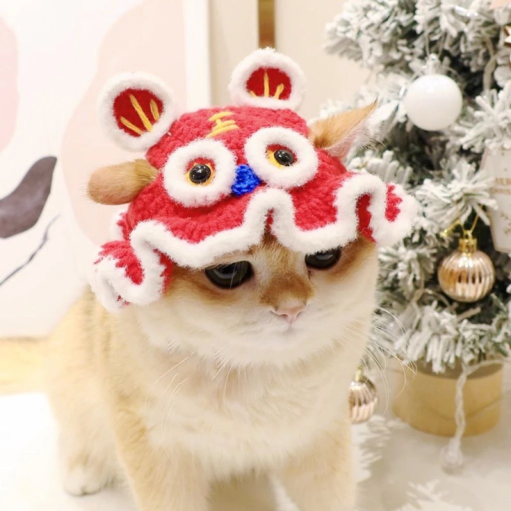 新年老虎头帽宠物饰品猫咪帽子纯手工毛线针织小型犬头套拍照道具
