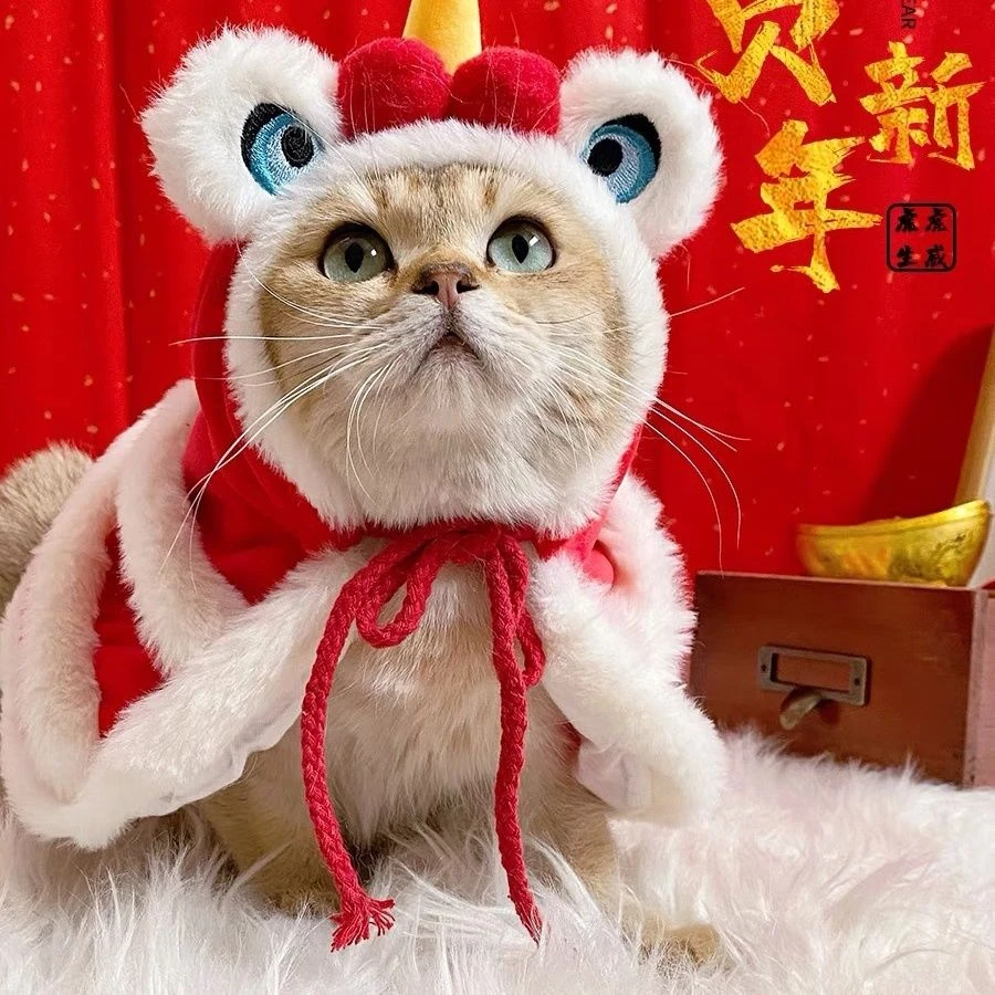 新年喜庆加绒舞狮披风斗篷宠物猫咪衣服狗狗拜年装扮帽子