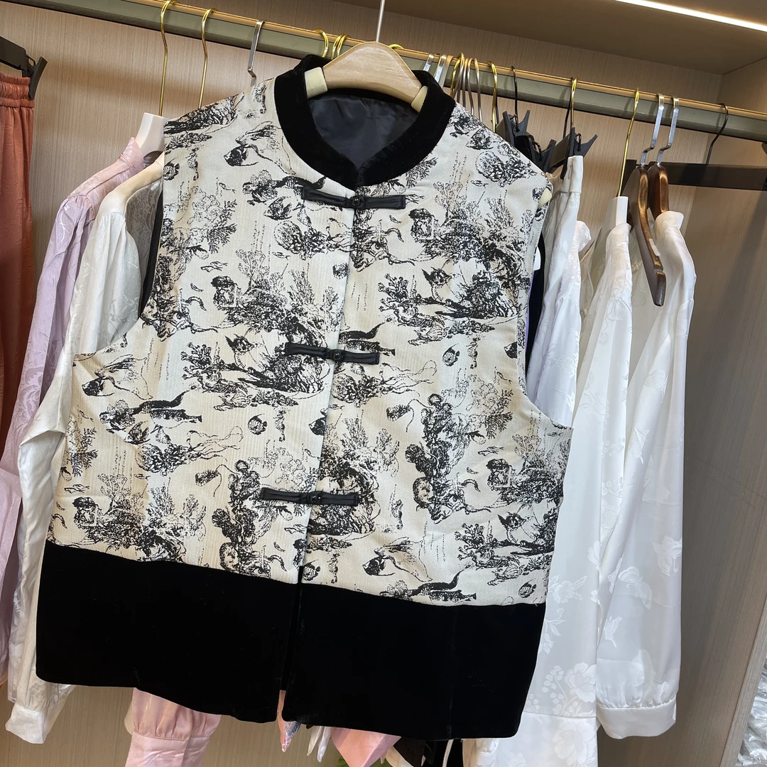 （水墨丹青）高版本秋新款中式马甲百搭休闲女士时尚拼接提花马夹