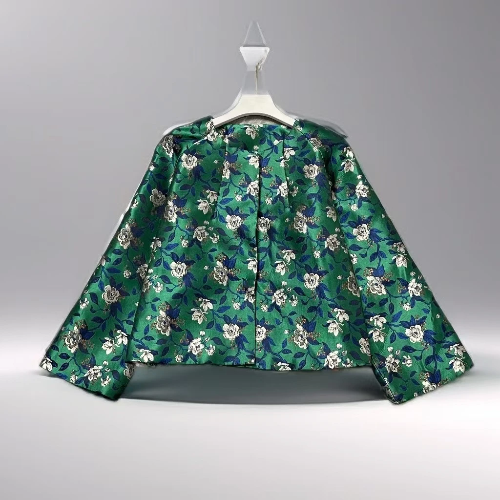 【小兰花】中式圆领夹棉外套秋季新款国风织锦缎短外套时尚提花上衣